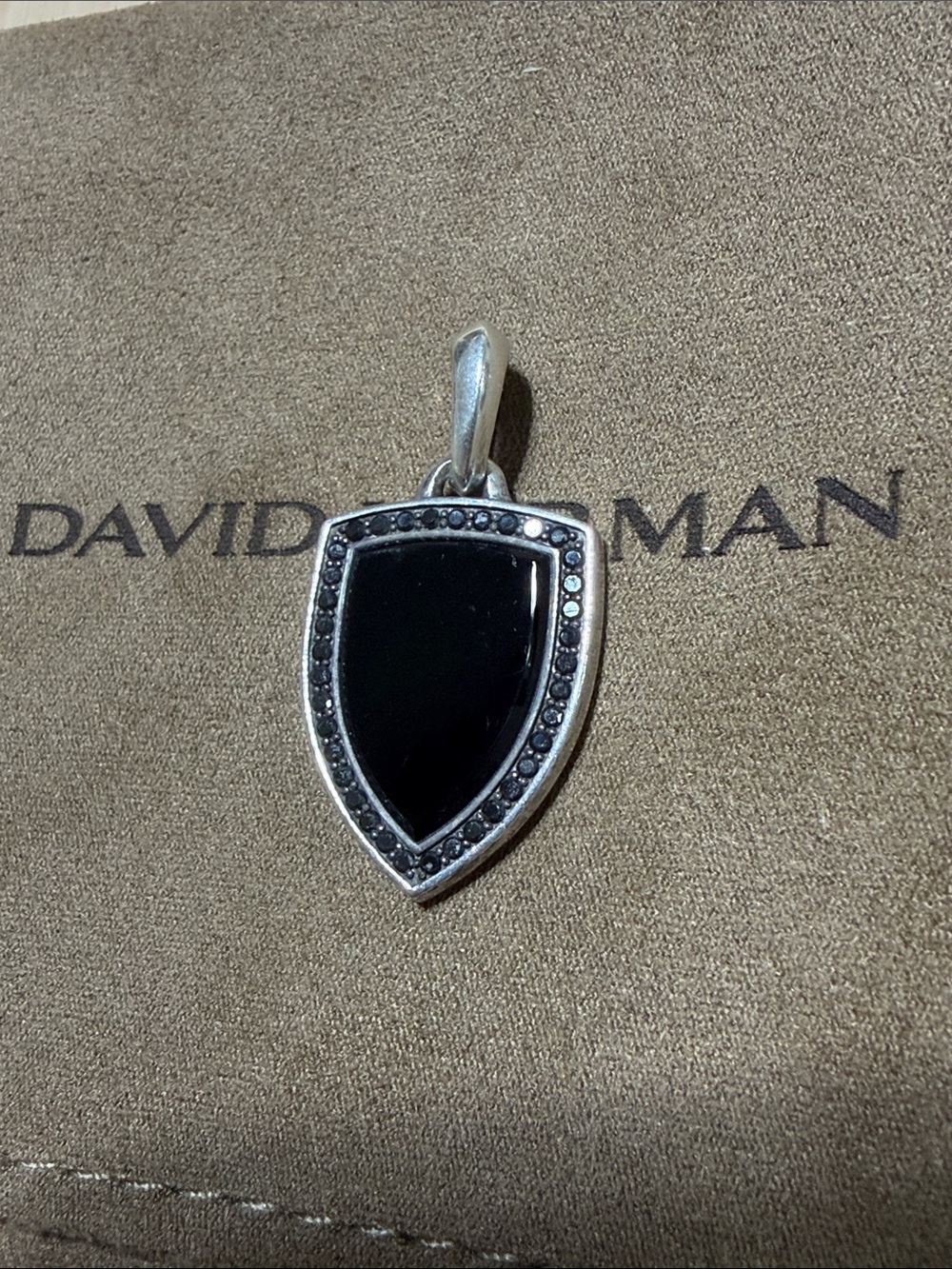 David Yurman Silver Shield Pendant with Black Onyx and Black Diamonds